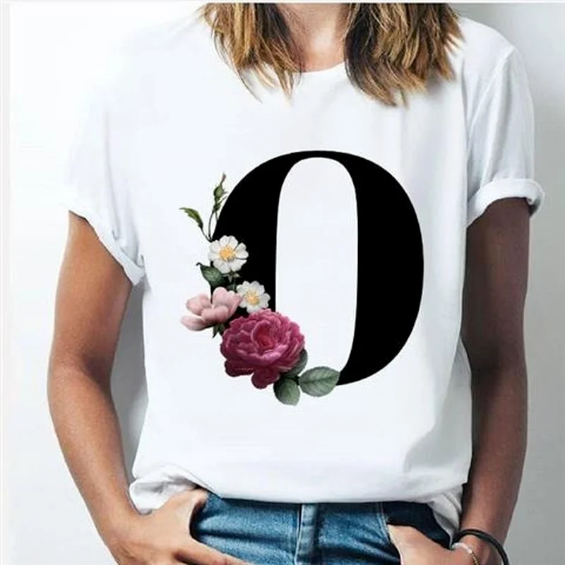 

New Floral Letter T-shirt Women's Summer Flowers 26 Letter Print Short Sleeve T-shirt Daily Base T Shirt Crew Neck Regular Top