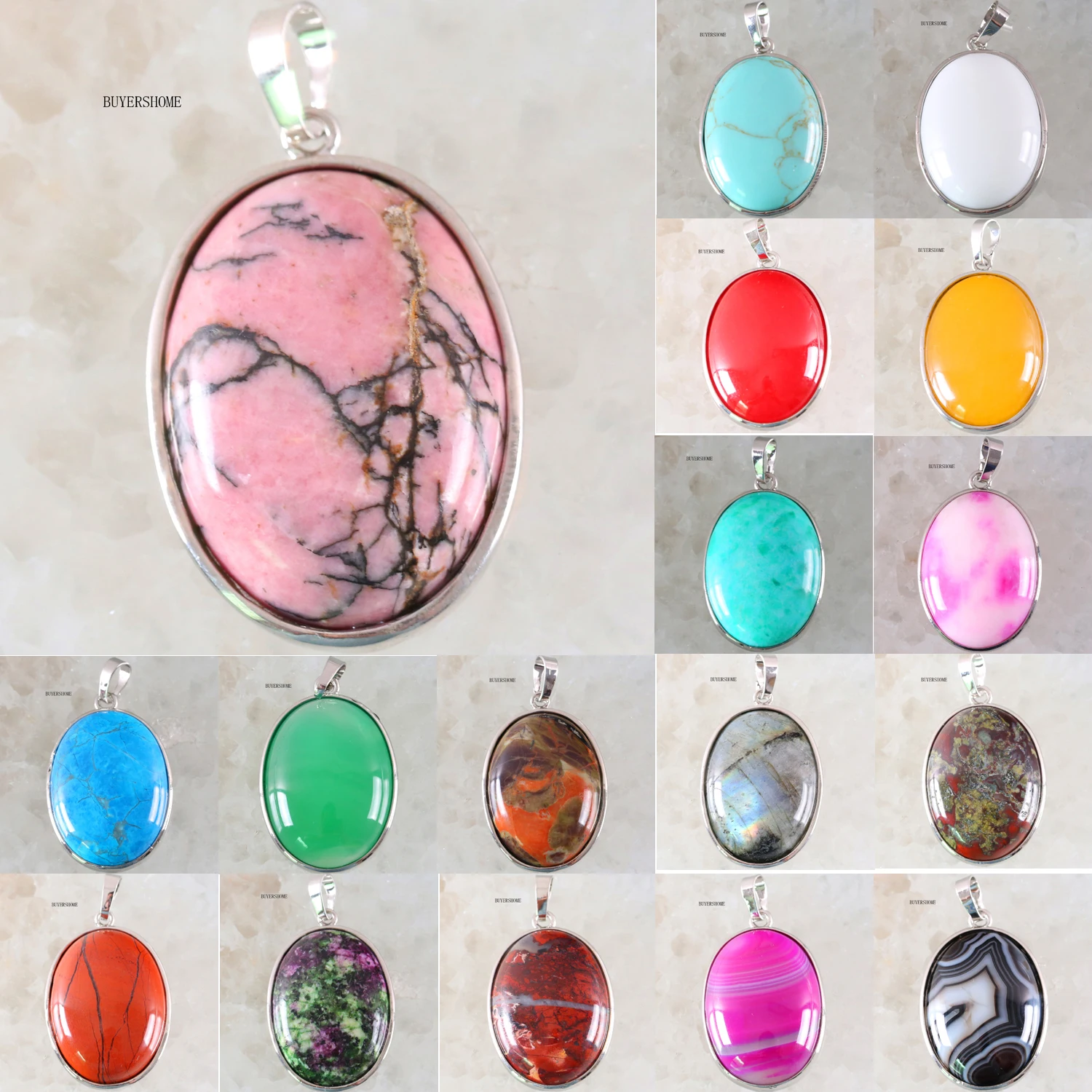 

Natural Stone Pendants Red Carnelian Onyx Rose Quartz Gray Labradorite Bead White Opal Gem Men Women Pink Crystal Oval Pendant