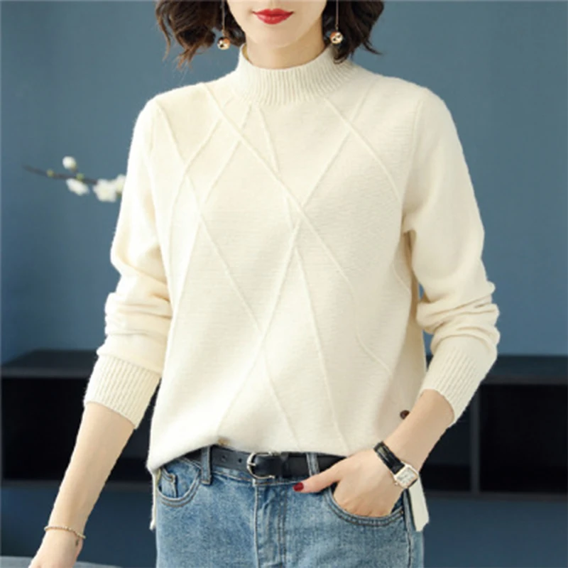 

2020 Sweater Women Autumn Winter Half Turtleneck Long Sleeve Elegant Pullover Sweater Casual Solid Color Ladies Knitwear