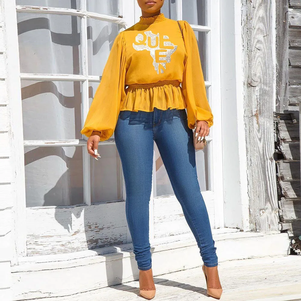 Желтые шифоновые Женские Рубашки Топы весна 2020 африканская блузка с оборками и