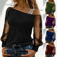 women solid splicing net yarn glitter long sleeve oversized t shirt autumn sexy skew collar female clothing casual tee shirt top