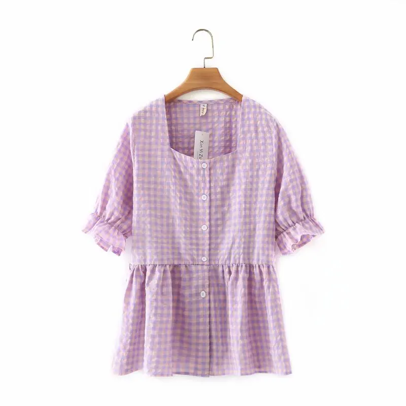 

Plus size plaid square collar cotton women loose tshirts 2021 new summer casual ladies butterfly sleeve t shirts female top