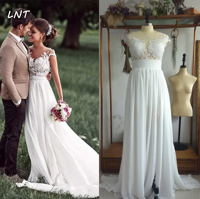 Богемное свадебное платье с рукавами крылышками и разрезом Цветочные пляжные