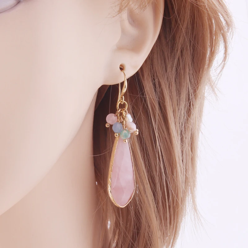 NeeFu WoFu сережки с натуральным камнем в форме капли для женщин розовый кристалл