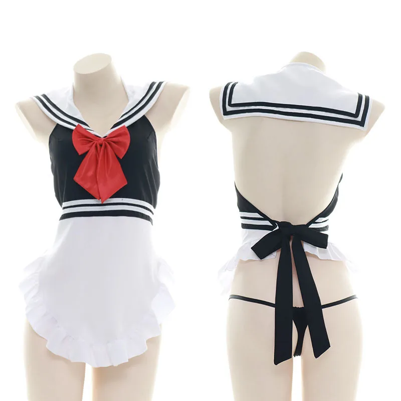 

Anime Maid Women Girls Apron Sailor Style Sleeveless Pinafore Underwear Lingerie Set One Size
