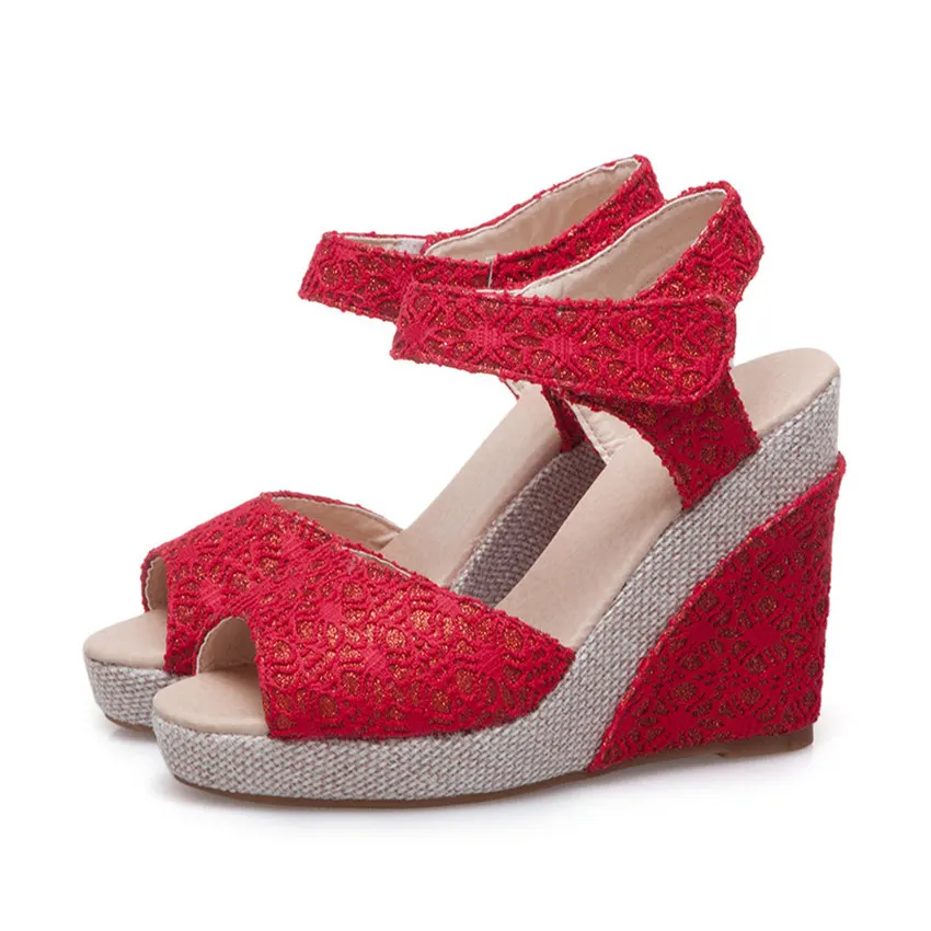 

Sweet Rome Wedge Sandals Women Red Black Embroider High Thick Heel Party Office Lady Summer Ankle Strap Gladiator Platform Shoes
