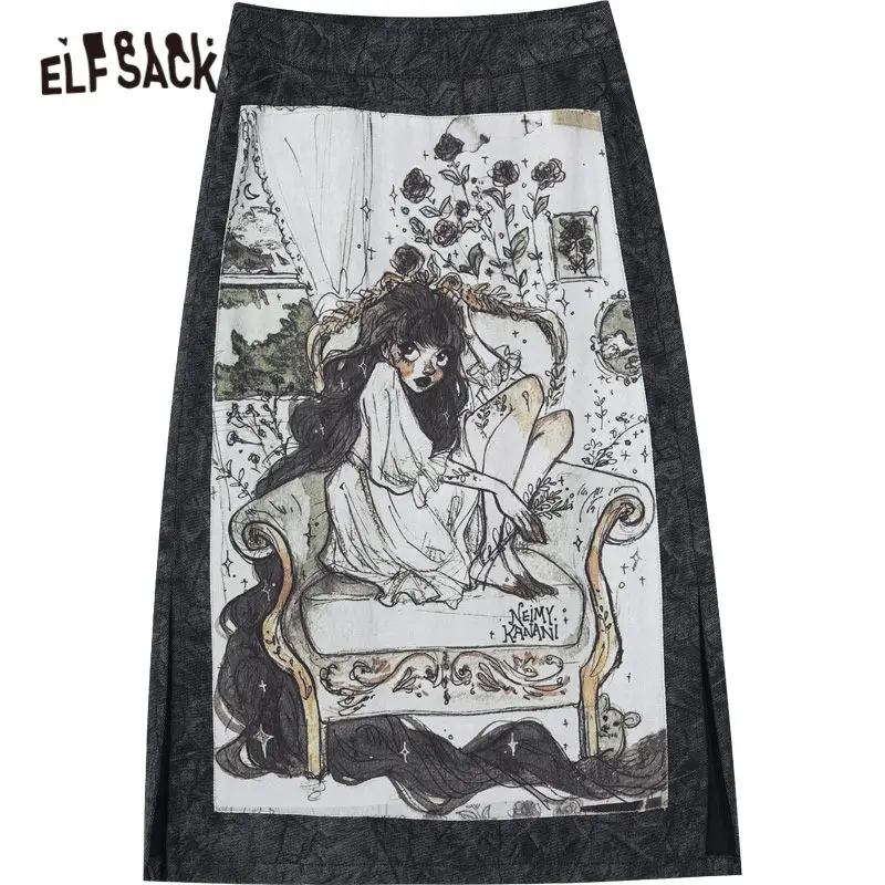 

ELFSACK X NEIMY Harajuku Graphic Split Hem High Waist Casual Women Midi Skirt,2020 Autumn Vintage Korean Ladies Denim Bottom