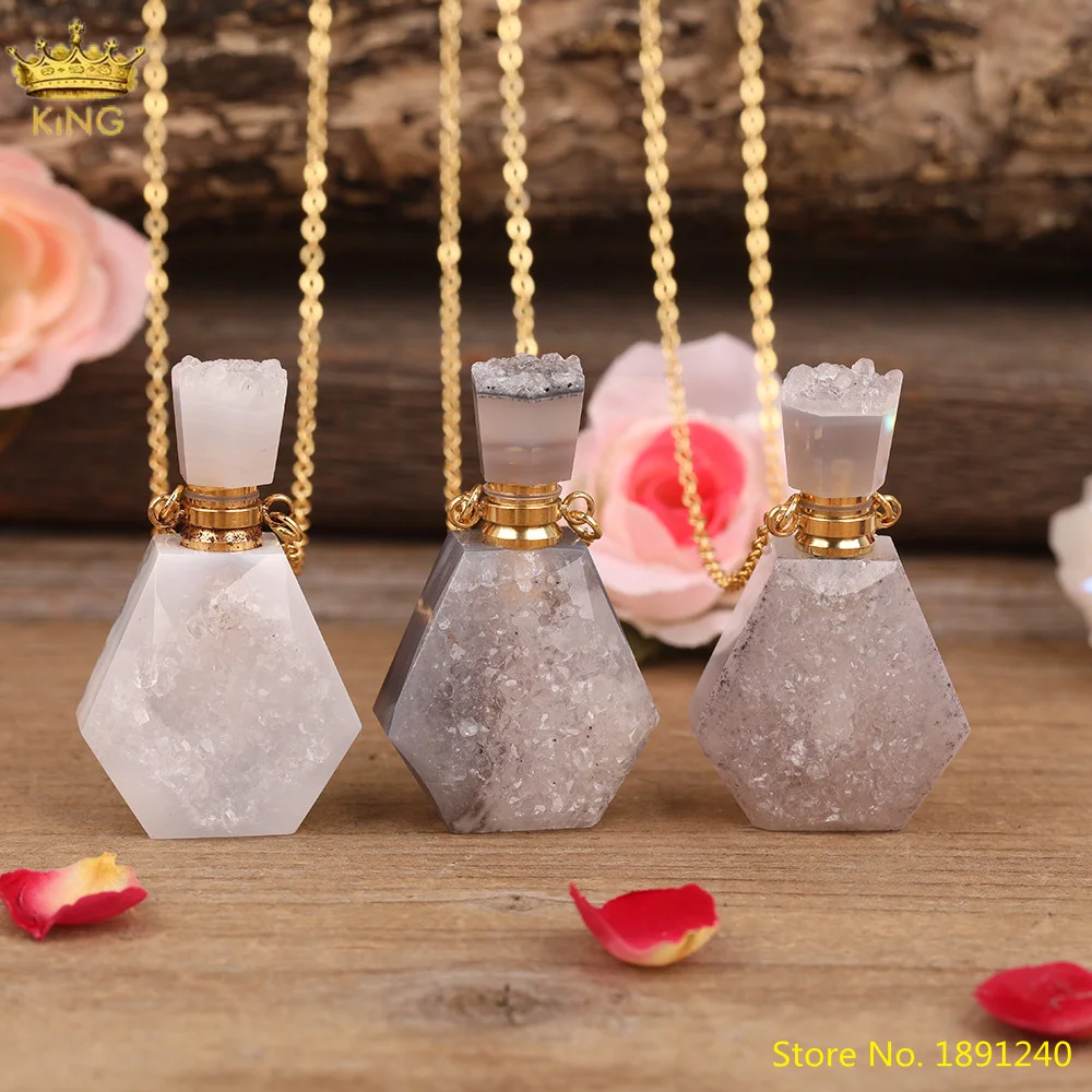 

Natural Druzy Geode Agates Stone Essential Oil Perfume Bottle Pendant Gold Chains Necklace For Women Bohemia Friendship Jewelry