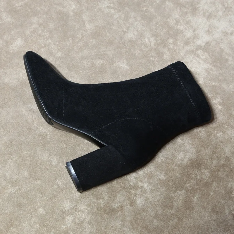 

2021 new women's autumn winter thick heel elastic boots short boots side zipper show thin square head bare boots high heel