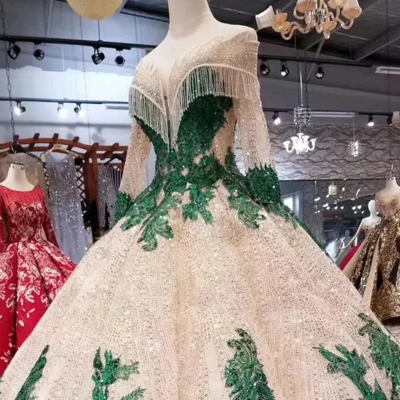 LS11252 ball gown evening dresses with green appliques special o-neck long sleeves dubai prom curve shape ladies | Свадьбы и