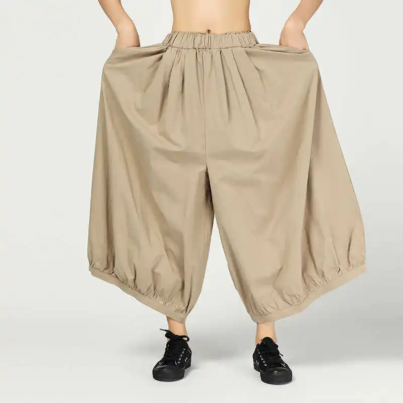 [EAM] 2021 Новинка Весна Лето высокая эластичная талия свободные черные короткие