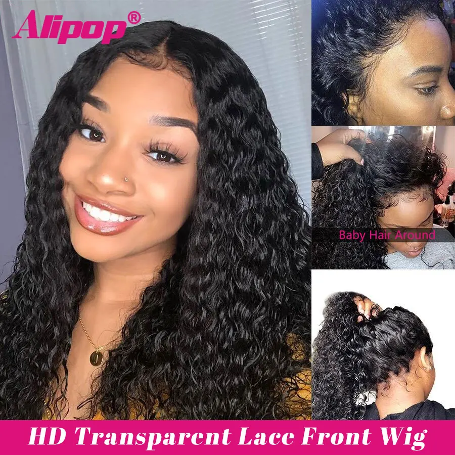 250% Water Wave Lace Front Wig Transparent Wigs For Women Cheap Human Hair Brazilian Remy T-Part Curly | Шиньоны и парики