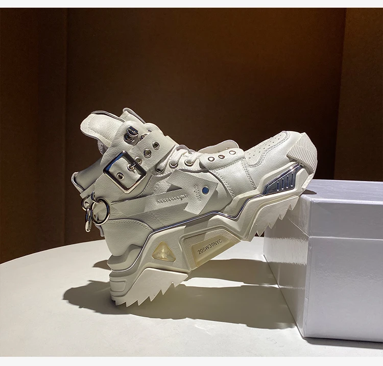 

New Genuine Leather Belt Buckle High-Top Shoes Women's Thick-Soled Platform Sports Increased Fashion Handsome Vulcansize Shoes