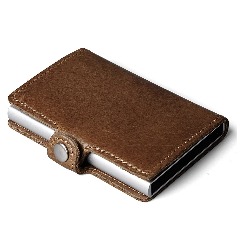 Genuine Leather Men Aluminum Wallet Back Pocket ID Card holder RFID Blocking Mini Magic Wallet Automatic Credit Card Coin Purse - Цвет: Yellow1