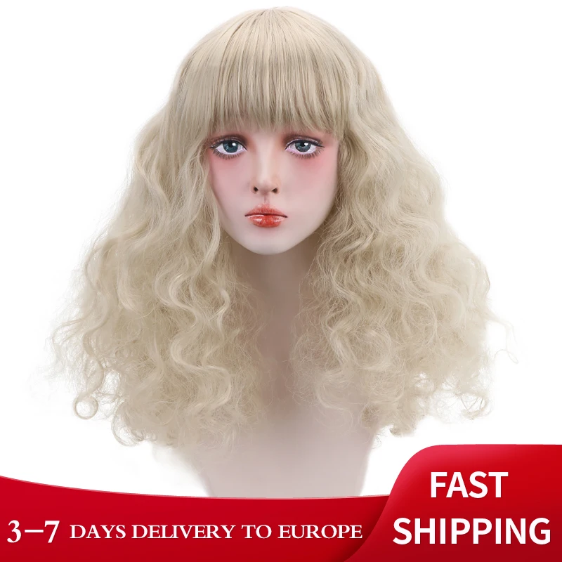 

Free Beauty Long Curly Synthetic Ashy Blonde Brown 20'' Hair Wigs with Blunt Bangs for Women Lolita Cosplay Costume Halloween