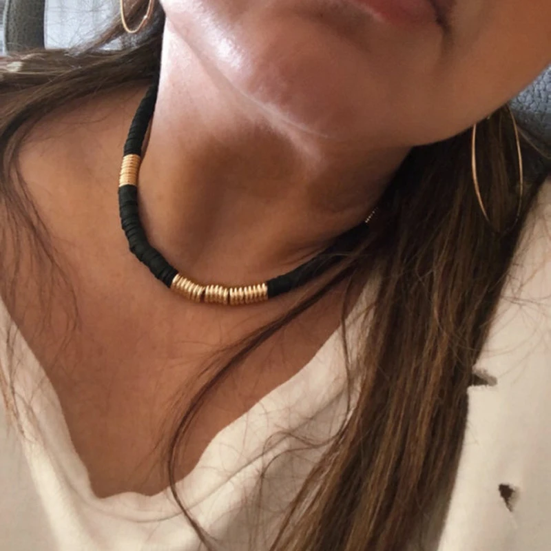 

BanFu Ретро чокер ручной работы из мягкой полимерной глины пляжное ожерелье для женщин ожерелье из черной нити с бусинами цепочка ожерелье же...