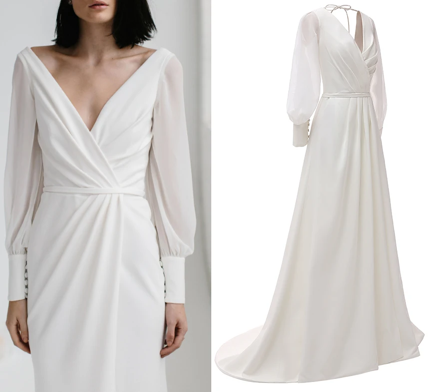 Атласное шифоновое платье Weddin с длинным рукавом V образным вырезом и открытой