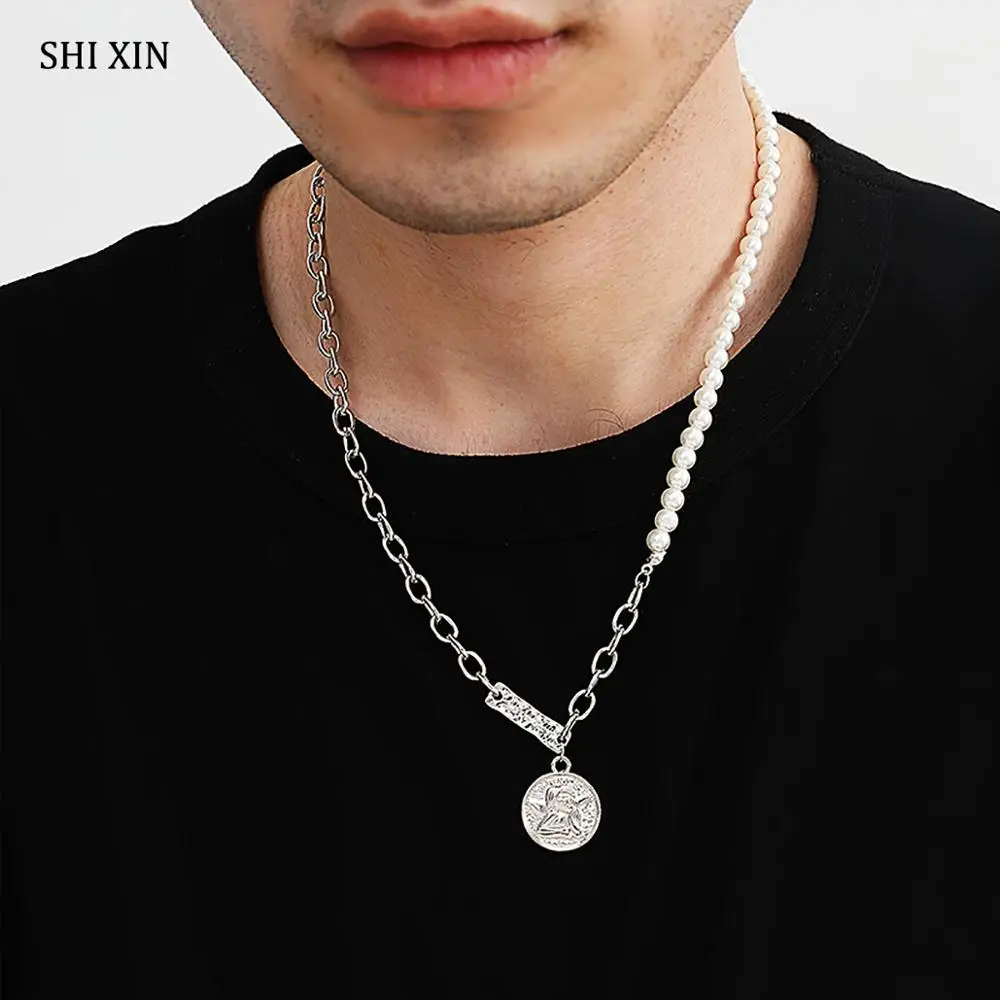 

SHIXIN Asymmetry Chain With Pearl Necklace for Women/Men Angel Coin Pendants Necklace 2020 Long Choker Necklaces Fashion Jewelry