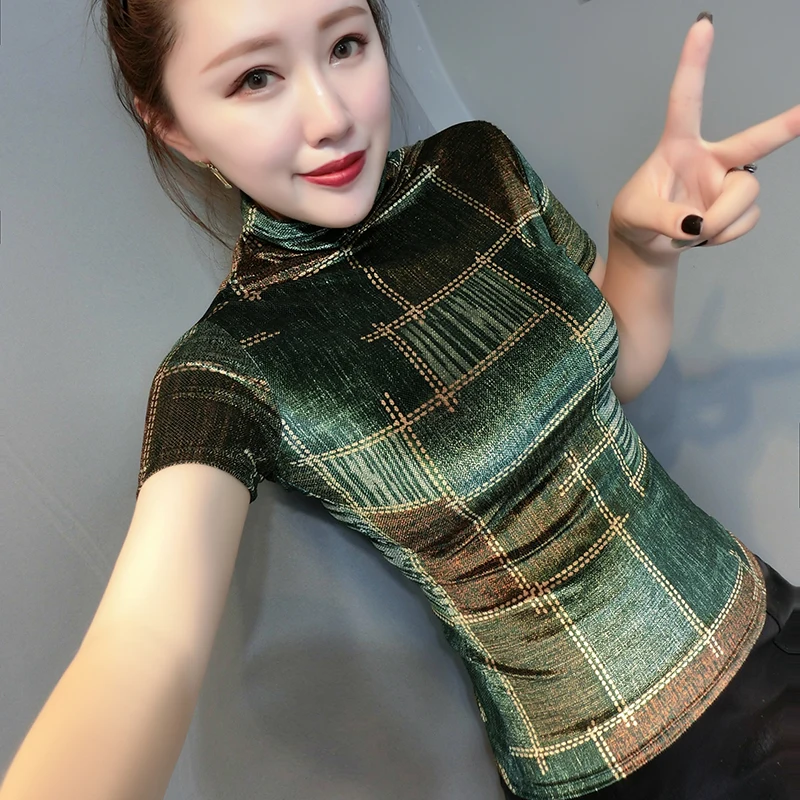 

2021 spring autumn high-neck long-sleeved velvet bottoming shirt streetwear turtleneck plaid female t-shirts bodycon ladies tops