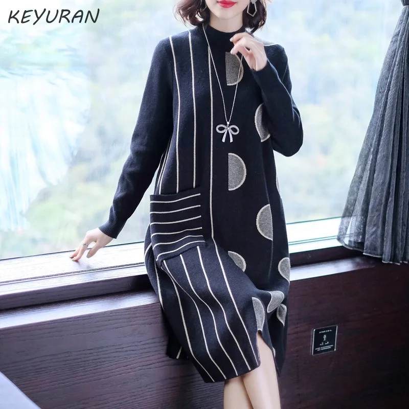 Винтажное Женское зимнее Полосатое толстое платье свитер с высоким воротом