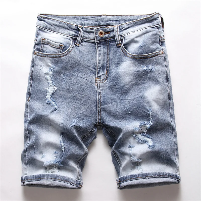 

2021 Summer New Men's Clothing Korean Style Straight Young Trousers Plus Oversize Five-Point Ripped Trousers Denim Shorts Pants