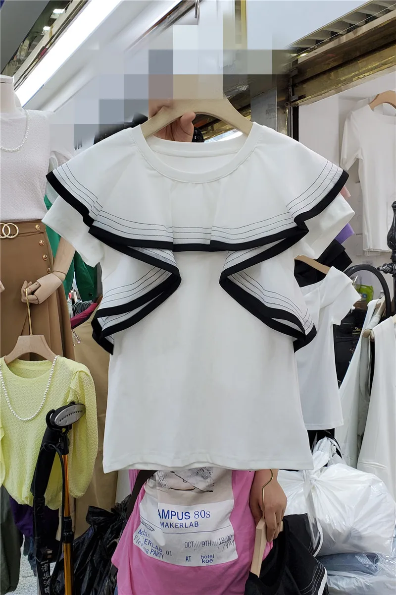 

2021 Summer New Korean Style Three-Dimensional Ruffled Stitching round Neck Short-Sleeved T-shirt for Women Casual All-Matching