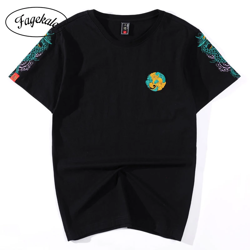 Хлопковая футболка с короткими рукавами в китайском стиле вышитым драконом