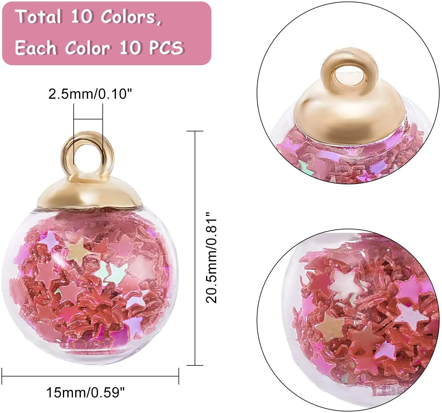 20 шт./лот 15 мм красочный прозрачный стеклянный шар со звездой и блестками кулон