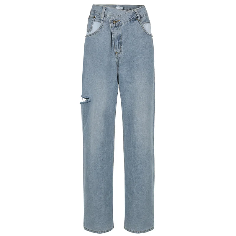 

YIKUO Harajuku Hole Design Jeans 2021 Summer Loose Casual High Waist Straight Wide Pants Women Pants pantalon Femme Plus Size