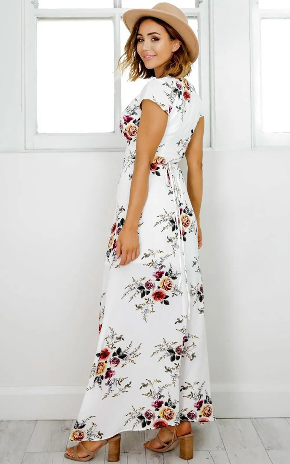 

2021 White Women Floral Print Beach Dress Fashion Boho Summer Dresses Ladies Vintage V-neck Split Party Dress Vestidos