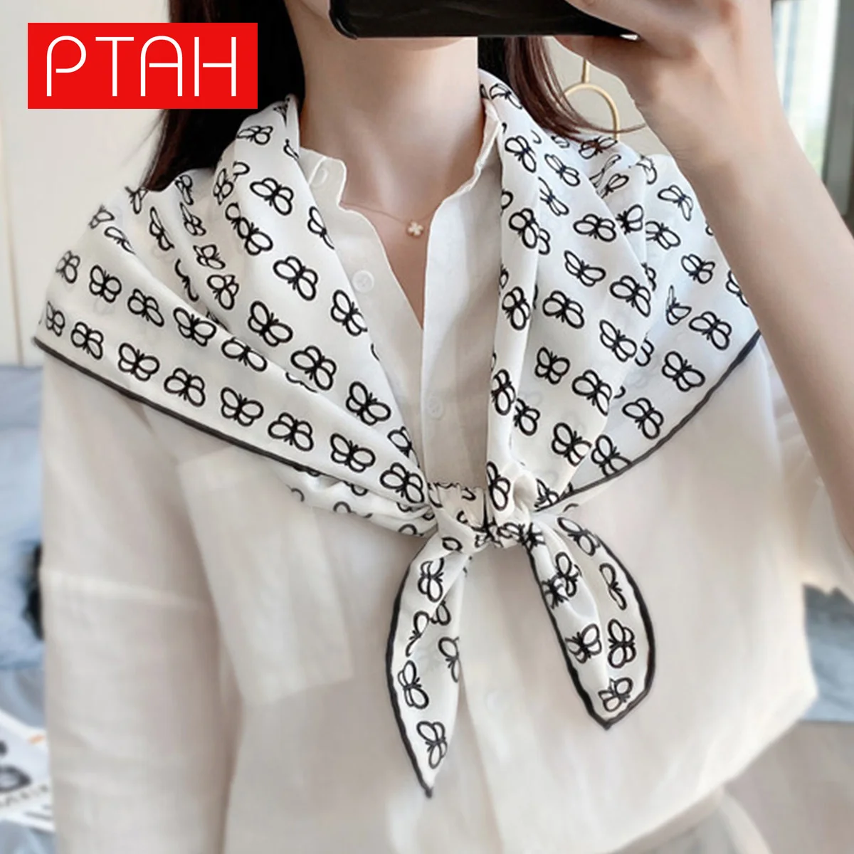 

[PTAH]Fashion 100% Mulberry Silk Scarf Lightweight Small Square Neckerchief Breathable Printed Scarf High Quality Casual 90*90cm