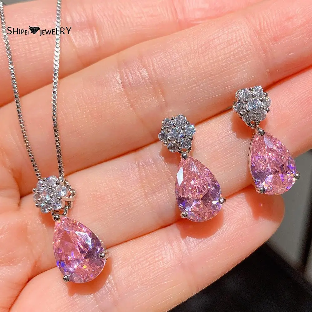

Shipei 925 Sterling Silver Pink Sapphire Created Moissanite Gemstone Earrings/Pendant/Necklace Wedding Engagement Jewelry Sets