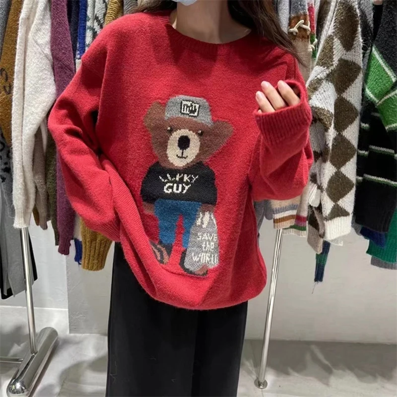 

Свитер Харадзюку мужской женский мультяшный пуловер в стиле хип-хоп, уличная одежда, модный вязаный мужской свитер с рисунком медведя, топы ...
