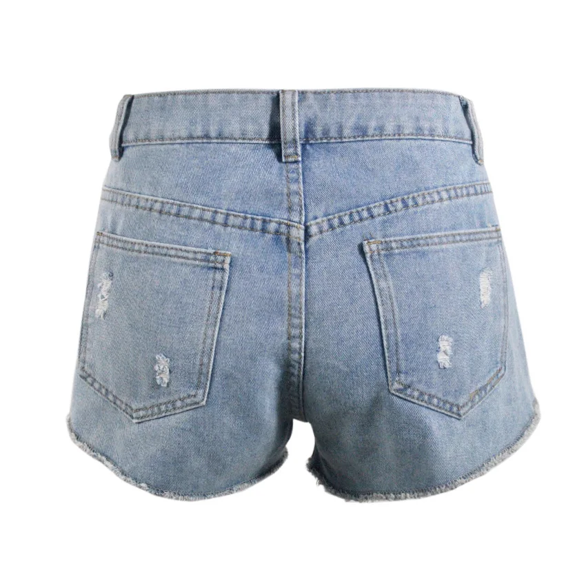 

New sexy solid color tassel denim shorts summer fashion slim waist button women's perforated hot pants
