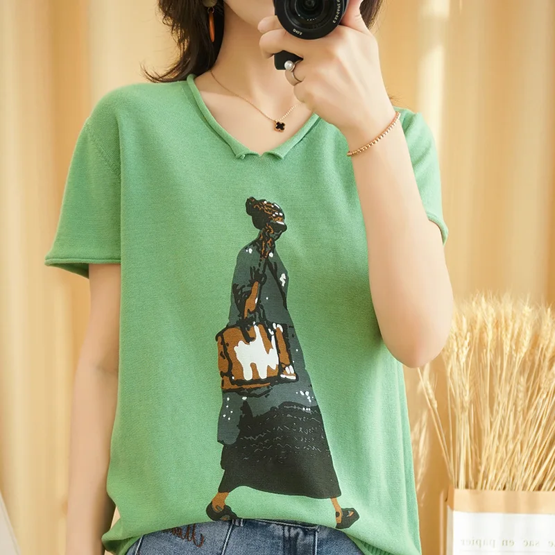 

BELIARST 2020 Summer New 100% Cotton Linen Knit Short-Sleeved Woman V-Neck Loose Print Top Casual Bottoming Pullover