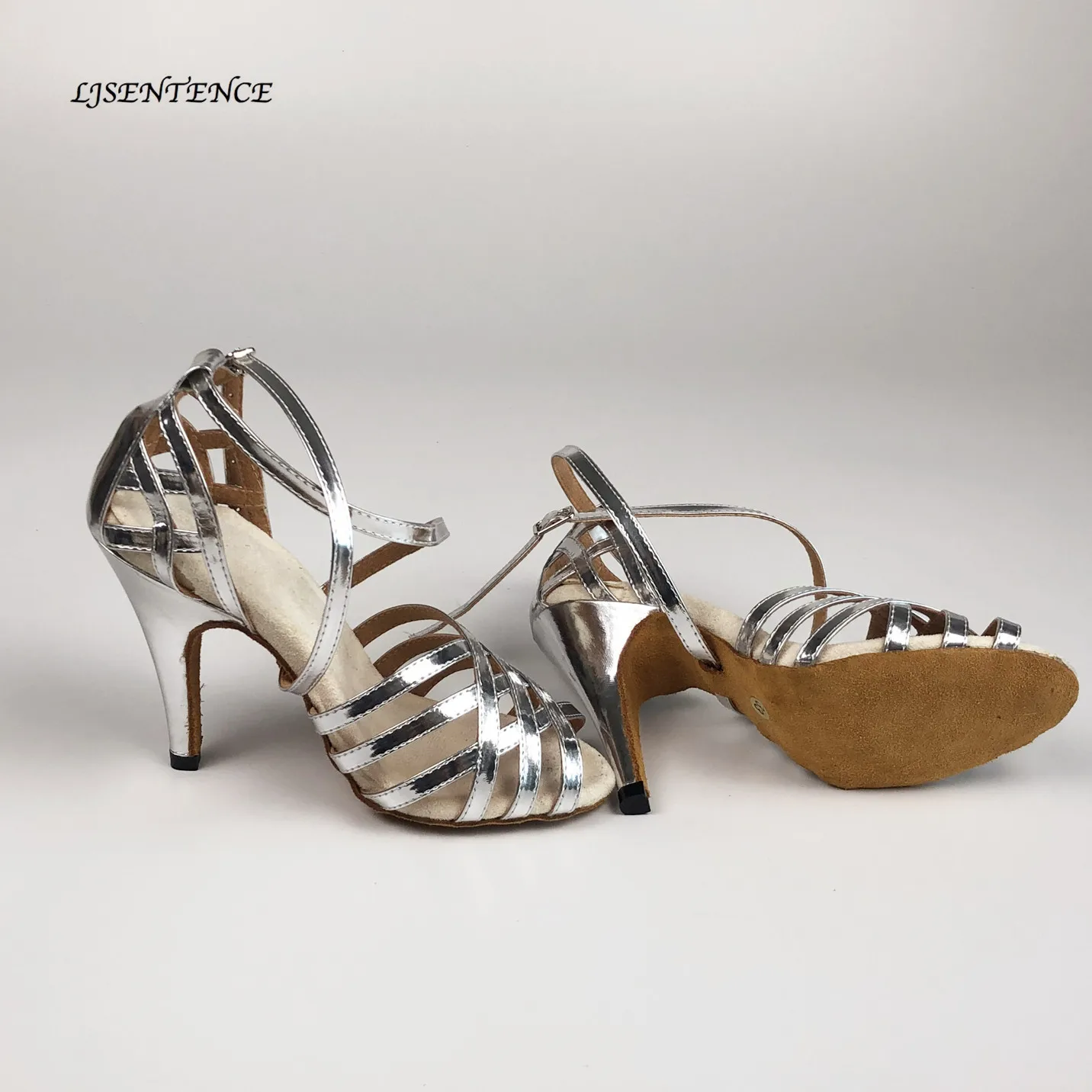 Женская обувь танцевальные туфли на каблуке с кружевной пряжкой Серебристые