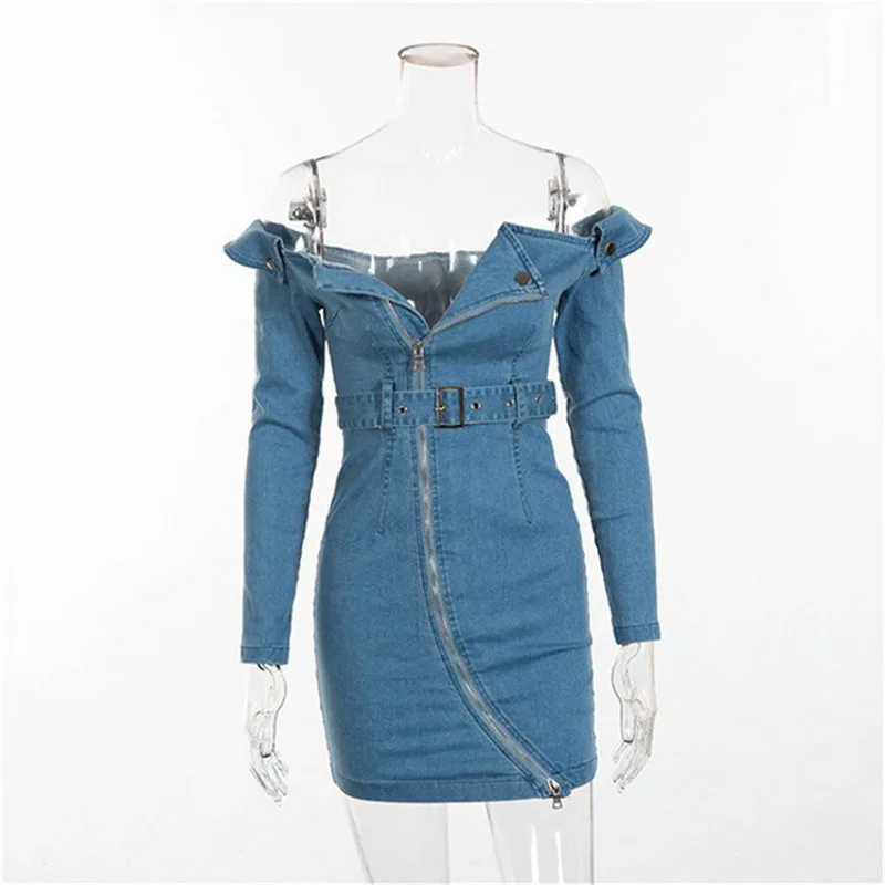 

Sexy Slash Neck Off Shoulder Women Denim Dresses Long Sleeve Sashes Zipper Fly Slim Fit Sheath Wrap Dresses Fashion Streetwear