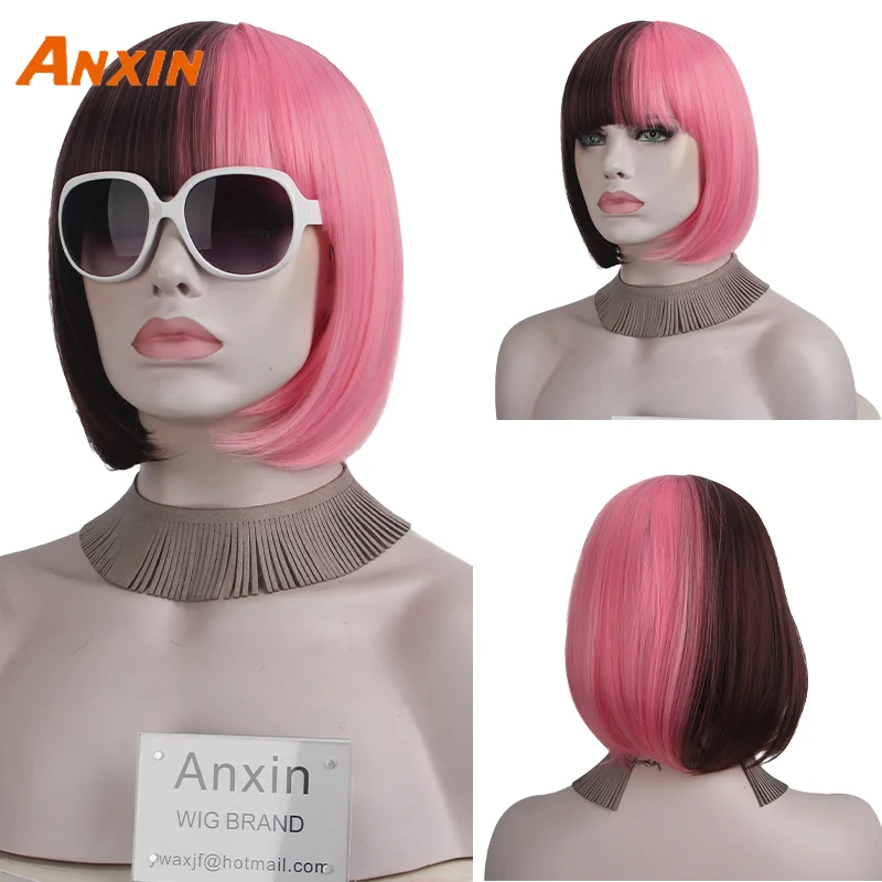 

Simulation Man Sexy Black Lady Wig High-Temperature Silk Synthesis 10 Inch Bob Wig Party Two-color Stitching Casual Wig