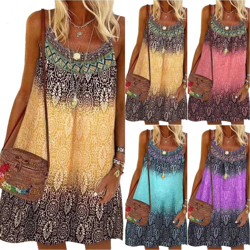 

Harajuku Dress 5XL Spaghetti Strap Vintage Print Gradient Sleeveless Dresses Women Fashion Knee-Length Beach Style Women Dress