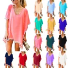 Пляжная Фата для женщин, новый однотонный кафтан с отделкой, шифоновый Купальник с кисточками, Пляжная свободная Накидка для бикини, Накидка На Купальник