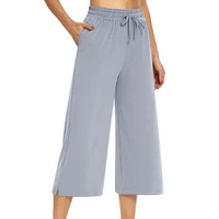 fashion wide leg solid color soft drawstring pockets elastic waist women capri pants for daily life drawstring pants