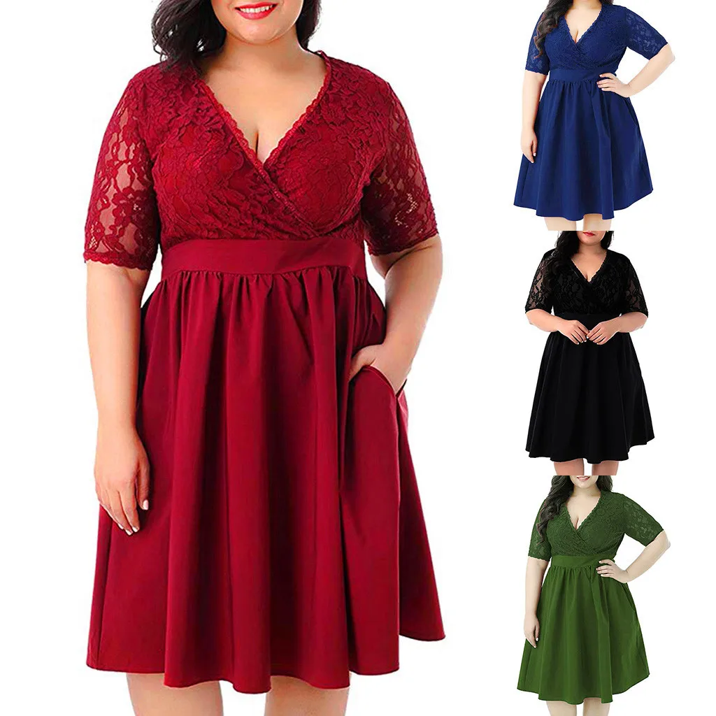 Сексуальное кружевное платье большого размера с v образным вырезом и коротким