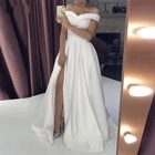 Однотонные Свадебные платья с открытыми плечами и коротким рукавом, трапециевидные элегантные свадебные платья с высоким разрезом, 2021