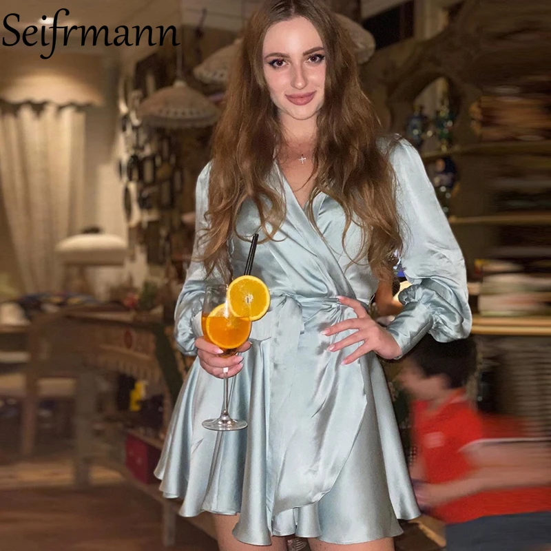 

Seifrmann New 2021 Autumn Women Fashion Runway Party Short Dress Lantern Sleeve Bow Sashes Solid Printed Asymmetrical Dresses