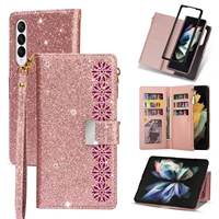 for samsung z fold 3 phone case shiny glitter zipper card slot wrist strap handbag flip wallet cover for galaxy z fold 3 coque