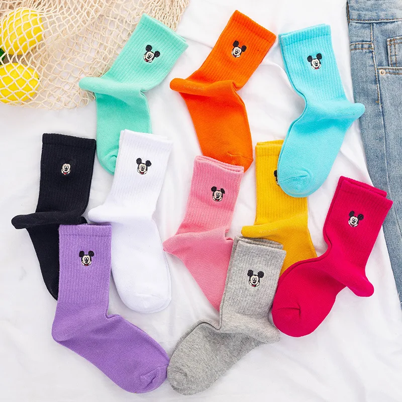 

Disney 1Pair Colorful Mickey Cotton Sock Cute Fresh Short Cartoon Socks Cute Embroidery Harajuku Long Women Socks