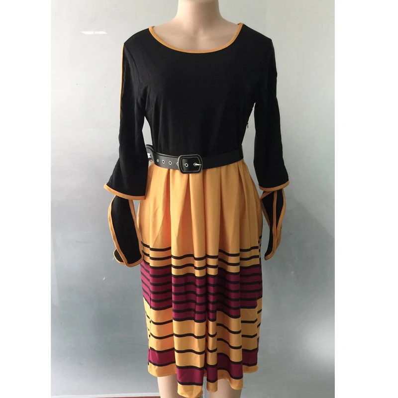 

Print stitching bow dress African clothing Office female popular commute pleated plus size dress elegant temperament blue yellow