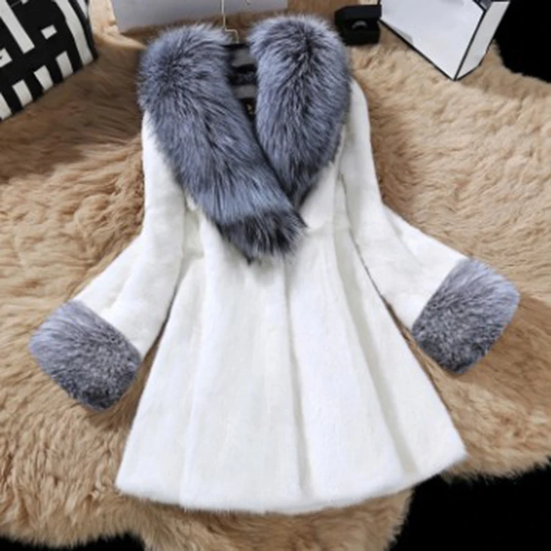

Faux Mink Fur Coat Faux Fox Fur Collar Winter Fashion Thick Clothes Luxury Ladies Fluffy Clothes 2021 V-neck Warm Outerwear