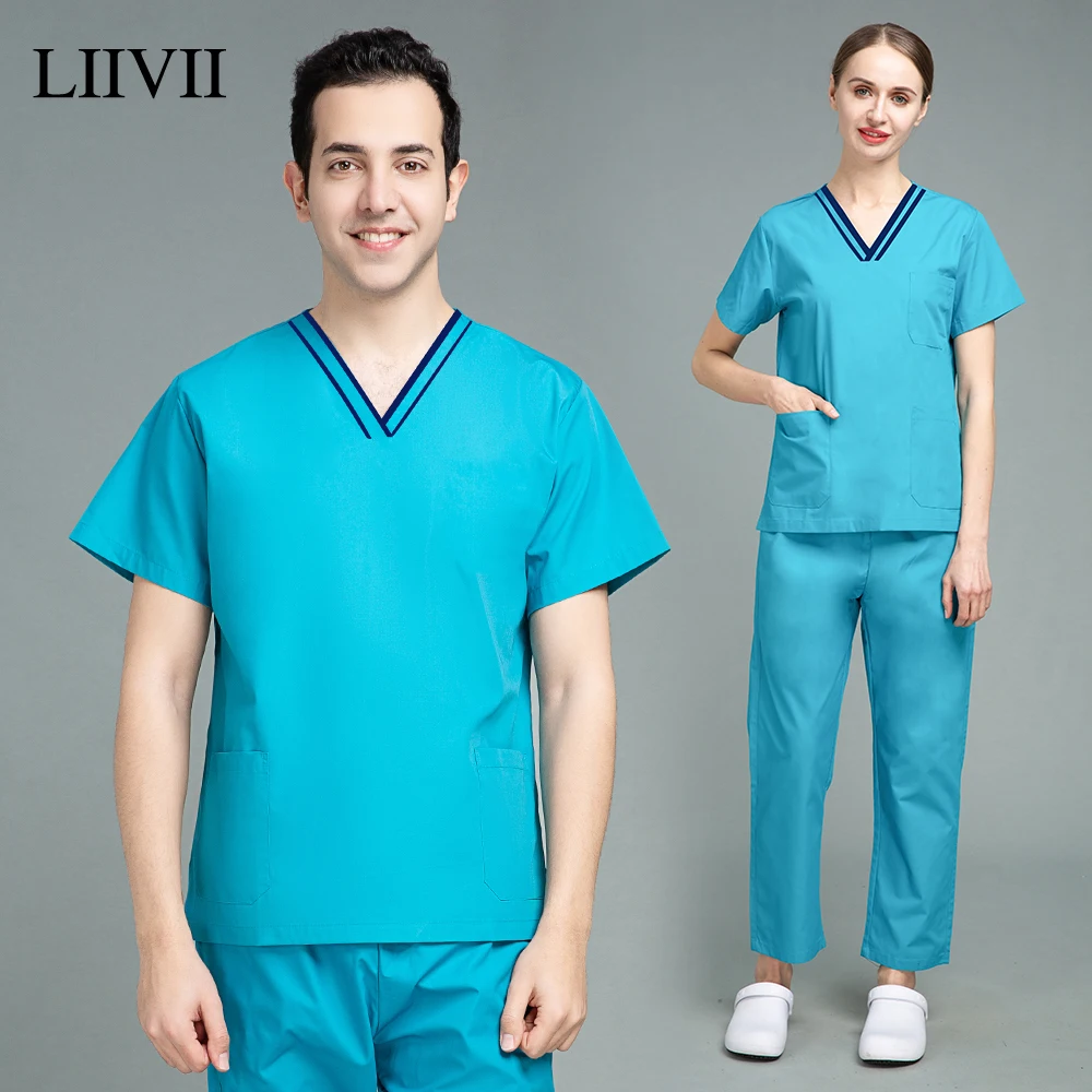 

V-neck Pet Beauty Nursing Clothes Short-sleeved Scrubs Uniforms Unisex Solid Color Uniforms (tops+pants) Lab Dust-proof Workwear