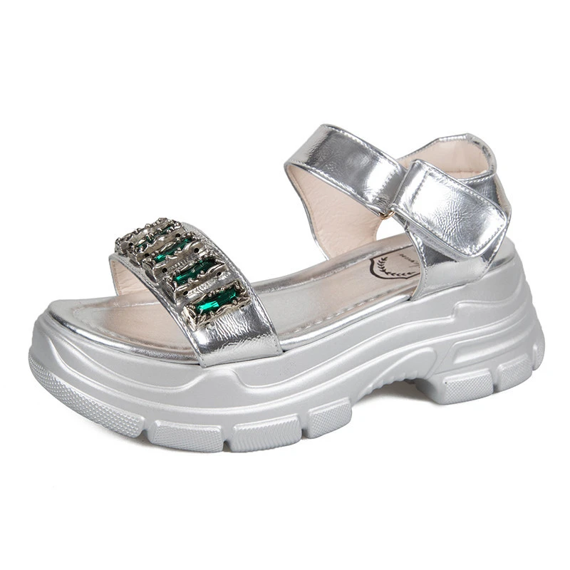 Женские сандалии на массивной платформе летние Серебристые сандалии-гладиаторы